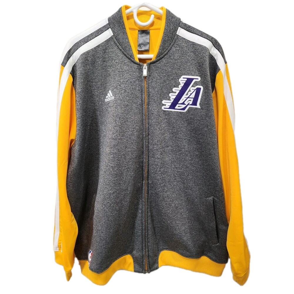 Los Angeles LAKERS Warm Up Jacket by ADIDAS Gray / Yellow Zip Front NBA Size 2XL - Picture 3 of 9